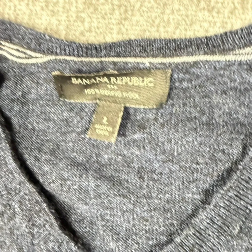 Banana Republic Mens Large Blue Merino Wool V-Neck Sweater Heathered Knit